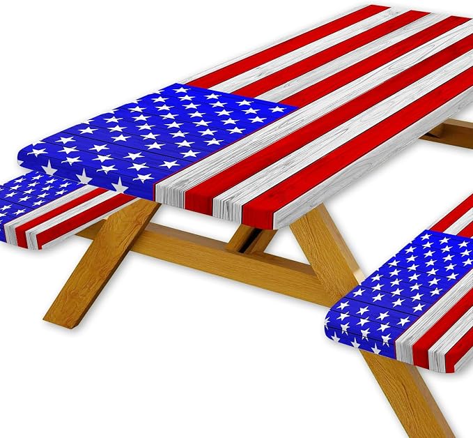 JAWO American Flag Picnic Table Cover with Bench Covers Vintage Camping RV Essentials Waterproof Windproof Fitted Outdoor Tablecloth with Elastic Rectangle Table Cloth Camping Accessories, 30x60in