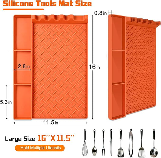 Silicone Grill Tool Mat for Blackstone, BBQ Griddle Mat with Drip Pad, Side Mats for Blackstone Griddle Accessories, Heat Resistant Spatula Mats for Outdoor Kitchen Counter, Gifts for Men (Orange)