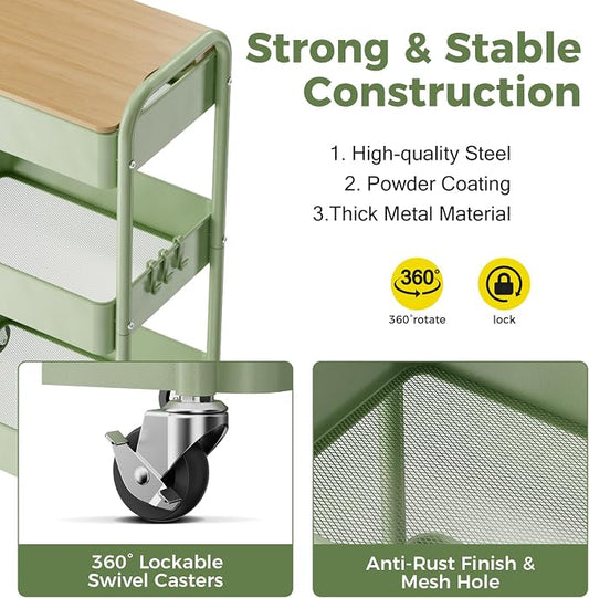 3 Tier Rolling Cart with Table top, Metal Rolling Utility Cart, Sturdy Storage Organizer Cart with Locking Wheels & Hooks for Office, Classroom, Kitchen and Bathroom