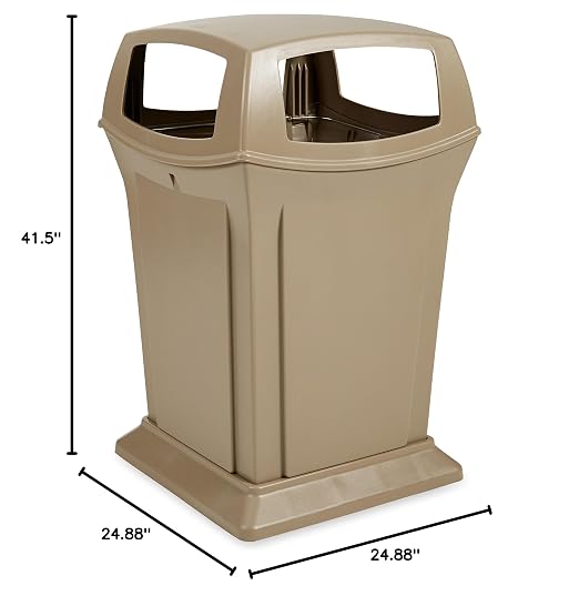 Rubbermaid Commercial Products Ranger Trash Can with 4 Opening Lid, 45 GAL, Beige Plastic, Outdoor for Stadiums/Parks/Shopping Plazas
