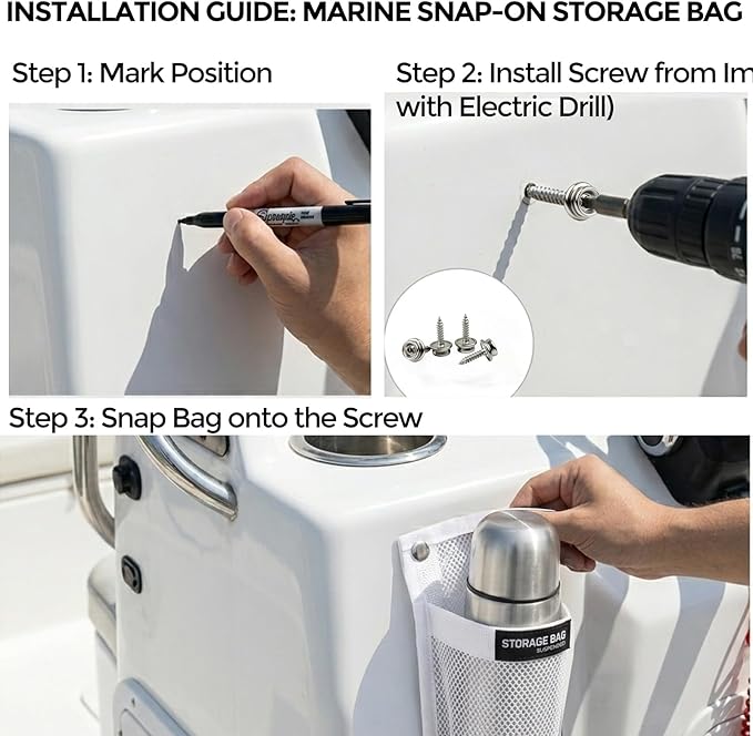 Marine Mesh Single-Pocket Boat Gear Storage Bag, Black Large Fabric Boat Cup Holder, Screw Snap Mount (White, Small)