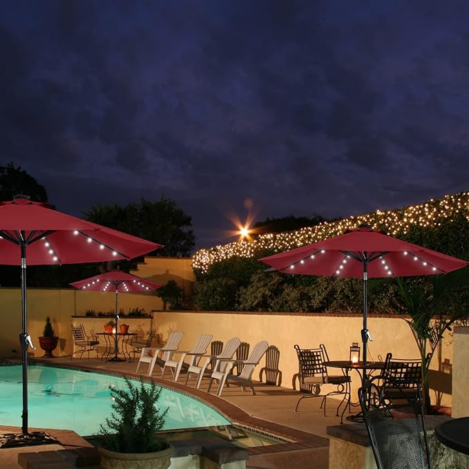 MASTERCANOPY 9FT 8Ribs Patio Umbrella with 32 Solar LED Lights, Outdoor Market Umbrella with Tilt & Crank, UV Protection & Fade Resistant Fabric, Easy Set-Up for Garden, Deck, Pool (Burgundy)