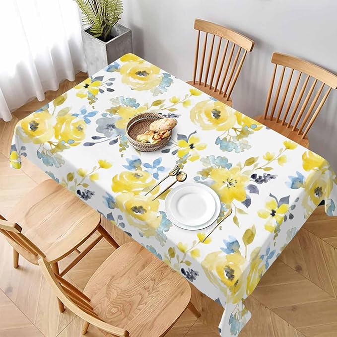TKS MITLAN Yellow Blue Flowers Tablecloth Decor Watercolor Plant Tender Petal Bright Summer Romantic Table Cloth Dining Room Kitchen Table Cover 60" X 84" Oblong/Rectangle