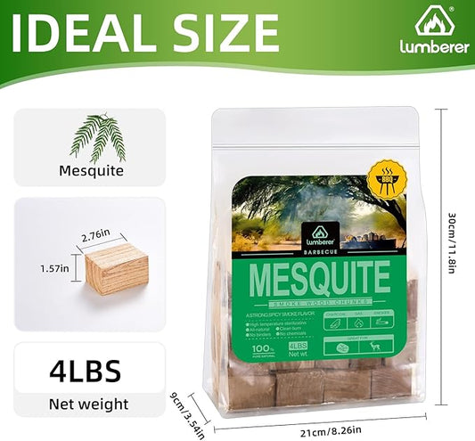 Lumberer Mesquite Wood Smoking Chunks – Strong Southwestern Flavor for Red Meat – 100% Natural, Long Burn – 4LBS, Clean & Additive-Free