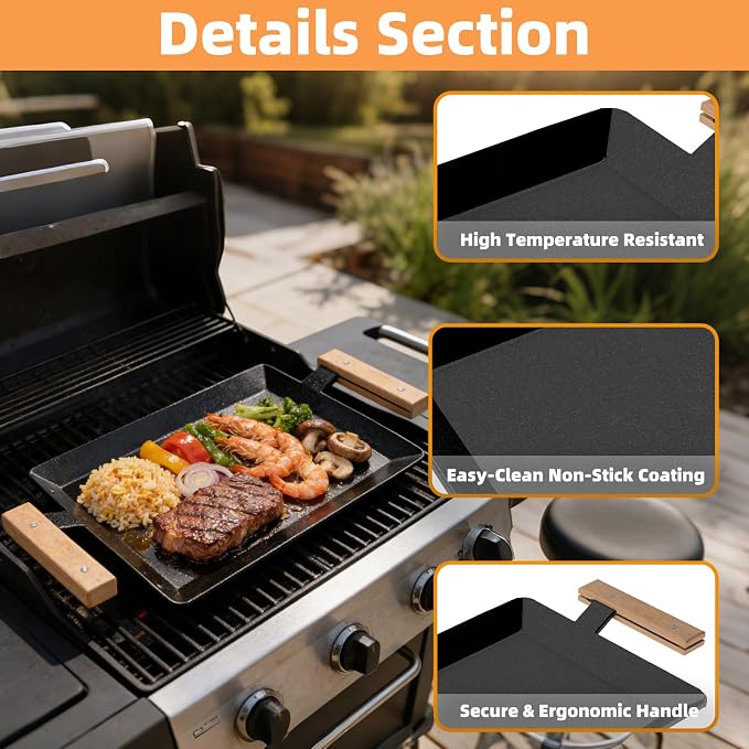 17 Inch Pre-Seasoned Carbon Steel Griddle for Stoves and BBQ Grills | Universal Flat Top Grill Plate with Anti-Scald Wood Handle, for Double Burner, Induction, Gas and Charcoal Grills
