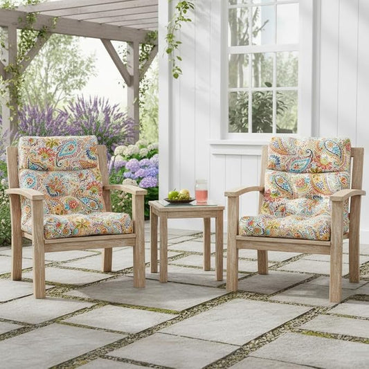 Outdoor Tufted High-Back Chair Cushions, One-Piece Hinged Seat and Back Design, Reversible with 4 Ties, Durable Polyester Fabric, Recycled Fiber Fill - Set of 2, Jamboree Paisley
