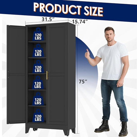 erosoei 75" H Metal Garage Storage Cabinet, Black Metal Pantry Cabinet with 2 Doors, Locker Steel Cabinet with 5 Adjustable Shelves, Freestanding Cupboard for Garage,Office,Home,Gym,School