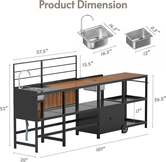 ENSTVER Modular Outdoor Kitchen with All-Aluminum Island & Cabinets, Stainless Steel Sink, Food-Safe Countertop, Outdoor Kitchen Island for Patio, Deck, Backyard,Black