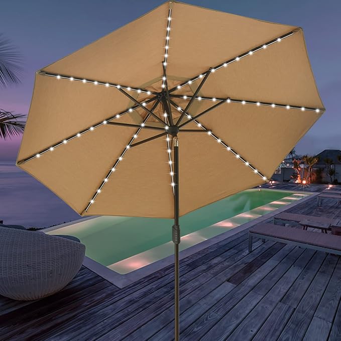 EliteShade USA 10-Year-Non-Fading 9ft Market Patio Umbrella, Commercial Grade Table Sun Umbrella with 80 Solar LED Lights, Crank Open, Windproof & UPF 50+ UV Protection for Garden, Deck, Pool, Backyard, Heather Beige