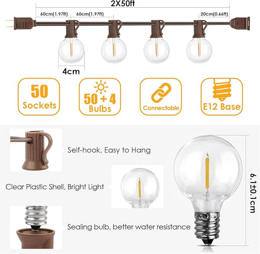100Ft(2x50Ft) Outdoor String Lights, G40 Globe Patio Lights with 50+4 Waterproof LED Hanging Plastic Bulbs for Cafe Balcony Party-Brown Wire