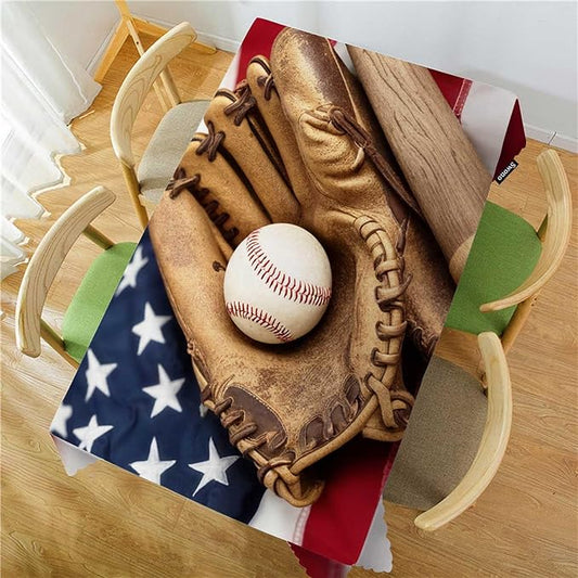 Swono Decorative Rectangle Table Cloth American Flag, Vintage Baseball Bat Glove On USA Flag Polyester Tablecloth Kitchen Table Cover for Dining BBQ Picnic Coffee Table 50x72, 4-6 Seats