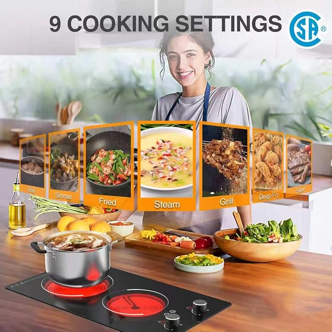 GIHETKUT Electric Cooktop,110V 2100W Electric Stove Top with Knob Control, 10 Power Levels, Kids Lock & Timer, Hot Surface Indicator, Overheat Protection,Built-in Radiant Double induction cooktop