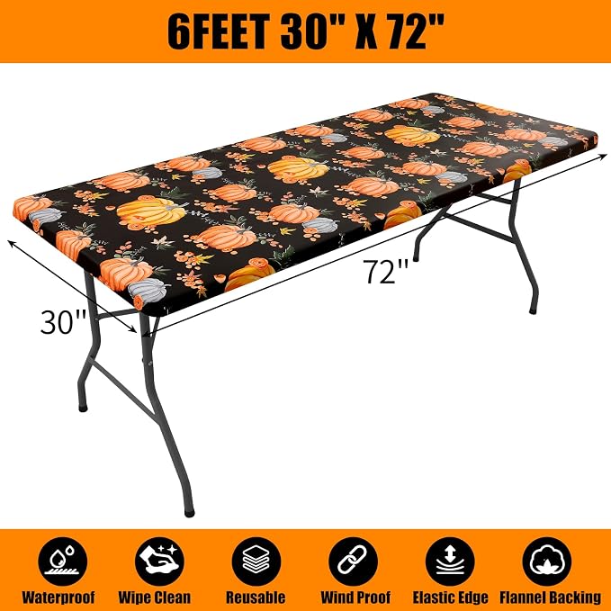 Smiry Thanksgiving Fitted Table Cover, 6 FT Flannel Backed Vinyl Tablecloth | Waterproof Elastic Stretch Table Cloth, Wipeable Plastic Tablecloth for Autumn Harvest & Parties (Black & Yellow, 30" x 72")