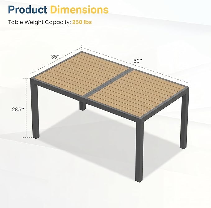Aluminum Outdoor Table for All-Weather, 59" Patio Tables with Heavy Duty HDPS Rectangular Tabletop, Outside Table with Quick-Drying Slatted Design for Patio, Garden, Deck, Porch, Poolside, Backyard