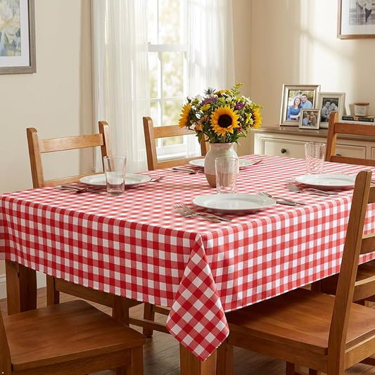 sancua Checkered Vinyl Rectangle Tablecloth Table Cloth, 54x78 Inch | 100% Waterproof Oil Proof Spill Proof PVC Table Cloth, Wipe Clean Cover for Dining Tables, Buffet Parties, Red and White