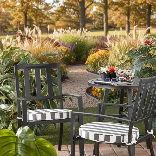 Set of 2 Outdoor 18 inch Round Patio Dining Chair Pads – Comfortable Fiber-Filled Seat Cushions with Ties, Reversible Polyester Fabric - Canopy Stripe Gray