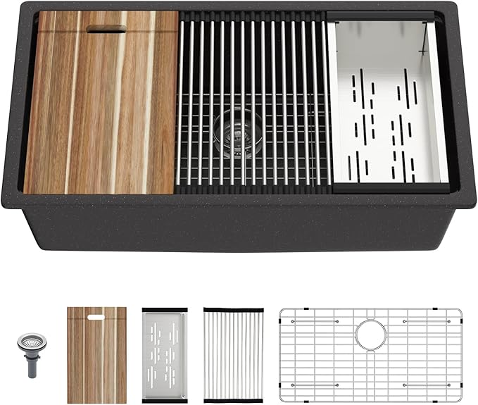 Mocoloo 33 Inch Black Granite Composite Kitchen Sink - 33x19 Undermount Ledge Workstation, Matte Black Quartz Single Bowl Under Counter Kitchen Sinks