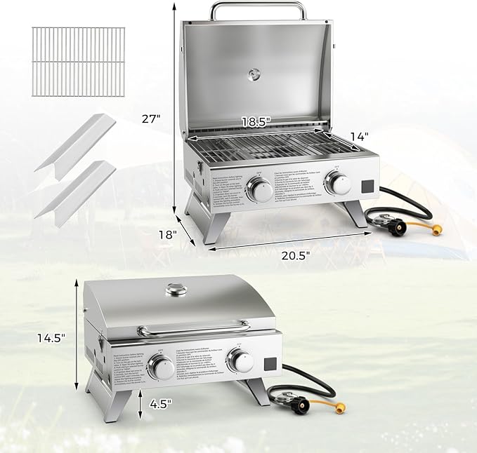 HAPPYGRILL Portable Gas Grill with 2-Burner, 20,000 BTU Total Stainless Steel Tabletop Propane Grill w/Handle, Built-in Thermometer & Extra Flame Rod, Foldable Legs for Outdoor RV BBQ Picnic