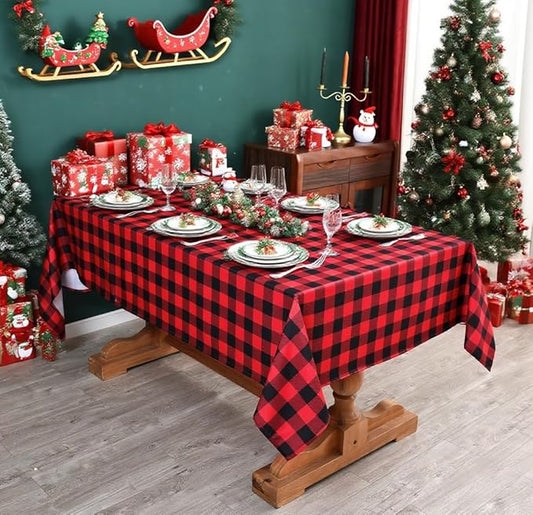Red Waterproof Plaid Christmas Tablecloth Fabric - Square 58x58 Inch Classic Gingham Checker Holiday Table Cloth for Indoor Use - Xmas Table Cover for Picnics, BBQs, and Parties