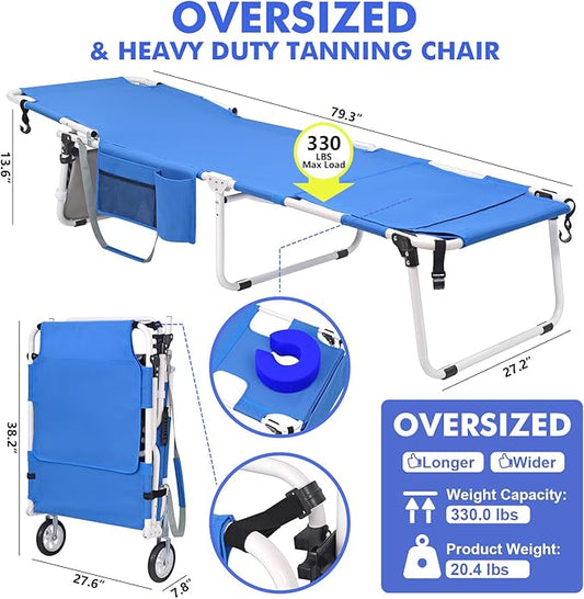 Wheel-To-Go Oversized Tanning Chair with Wheels & Face Hole Thicker Washable Adjustable, Heavy Duty Folding Lay Flat Sun Lounge Chair, Outside Sunbathing Beach Reading Poolside Lawn, XL Wide, 330 LBS