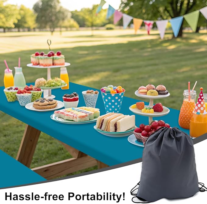 Smiry Picnic Table Cover with Bench Covers, Waterproof Elastic Fitted Polyester Tablecloths for 8 Ft Rectangle Tables, Washable Windproof Tablecloth for Camping, RV & Outdoor (Turquoise, 30x96 Inches)