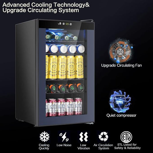 COWSAR Mini Fridge Cooler, 95 Can Beverage Refrigerator with Glass Door, ETL Approved Wine Fridge with Digital Temperature Control, LED Light for Home, Office, Bar, and Game Room - 2.6 Cu.Ft. Black