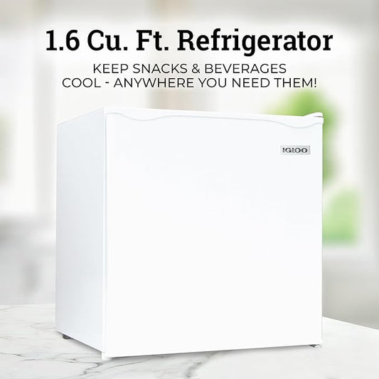 Igloo 1.6 Cu.Ft Mini Fridge with Freezer- Single Door Compact Refrigerator with Glass Shelves for Homes, Dorms & Offices- Keep Snacks, Drinks & Frozen Foods Cool with Temperature Control Fridge- White