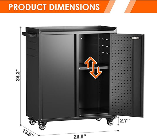 Garage Storage Cabinet with Wheels & Pegboard, 31.5" H Locking Metal Tool Storage Cabinet with Doors and Shelf & 4 Hooks for Garage, Home, Workshops, Assembly Required, Black