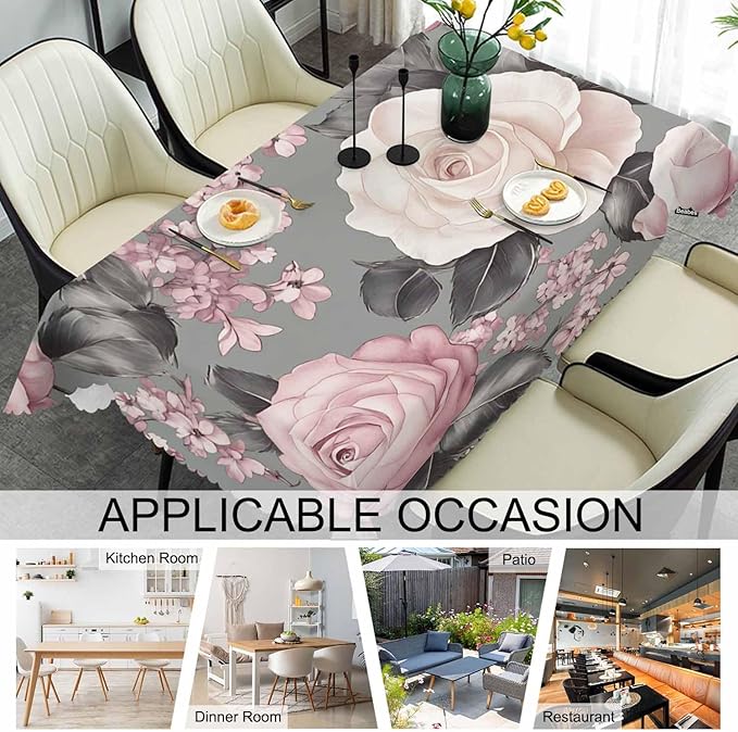 Rose Tablecloth for Rectangle Tables - Gray Pink Roses Cover for Indoor and Outdoor Picnic, Camping, Dinner, Kitchen - 52"X70"