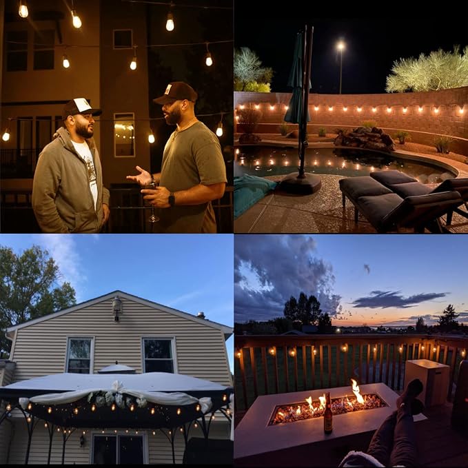 𝟒𝟖𝑭𝑻 LED Outdoor String Lights with 𝟮𝟰 Weatherproof Shatterproof Edison 𝑳𝑬𝑫 𝑩𝒖𝒍𝒃𝒔(2 𝑺𝒑𝒂𝒓𝒆),Commercial Grade Waterproof Hanging Lights for Backyard Porch Balcony Party