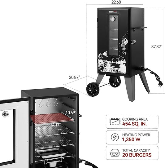 SE2806 28-Inch Analog Electric Smoker With 3 Chrome-plated Smoking Racks, Clear Viewing Window, 454 Sq. In. Cooking Area in Total, 1350W Output, Adjustable Temperature Control, Black