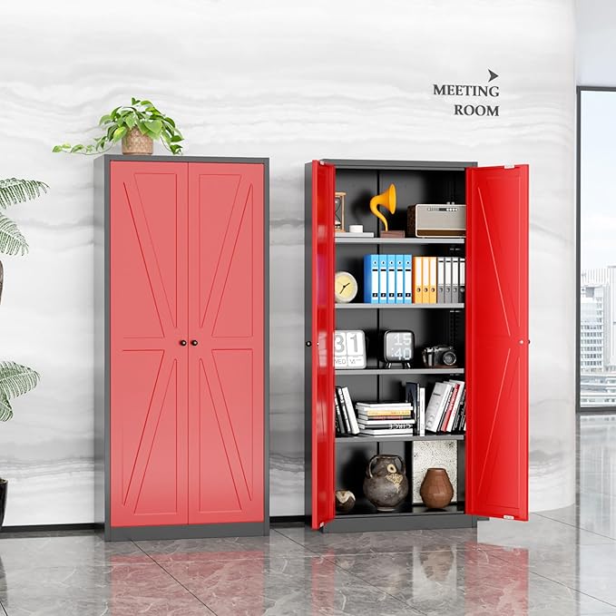 INTERGRAET 63" H Pantry Cabinet, Kitchen Pantry Storage Cabinets with 2 Doors and 4 Shelves, Metal Storage Cabinet,Cupboard for Home,Kitchen,Living Room/Dining, Black Red
