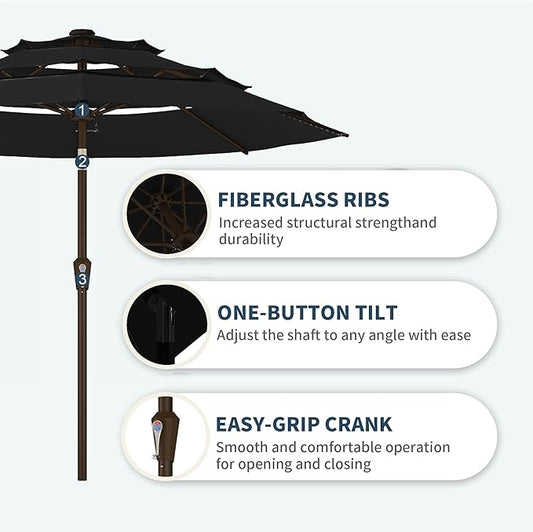 PatioKingdom 9ft 3-Tier Patio Market Umbrella with Crank/Tilt, Commercial Heavy Duty Wind Proof,Outdoor Table Umbrella with 8 Fiberglass Ribs,UPF50+ for Deck,Pool,Garden,Backyard (Black)