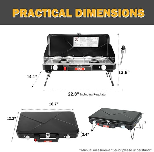 Measurement chart of a portable camping stove with dimensions labeled.