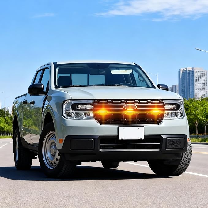 Front Grille Led Light For 2022-2025 2026 Ford Maverick Accessories | Fits Maverick XL Only,Snap-fit,Smoked lens,Raptor Style Grille Lights with adaptor fuse Waterproof(Only Fit XL-Amber)