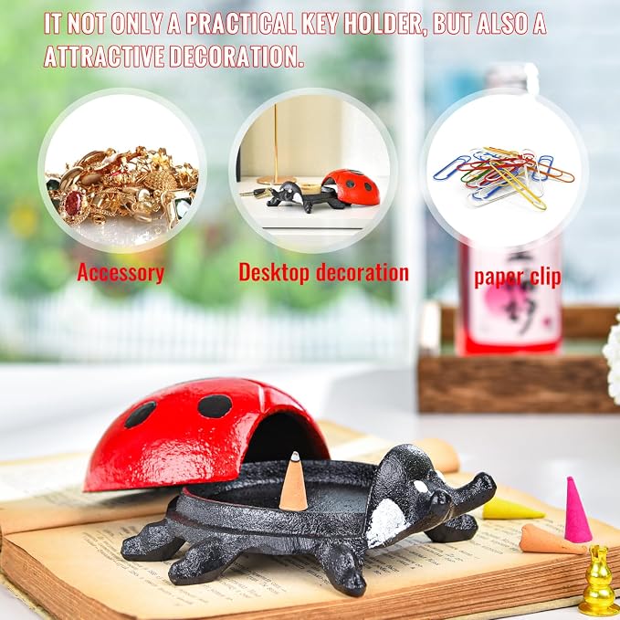Sungmor Cast Iron Ladybug Key Hider, Garden Statue–Antique Red | Heavy Duty Small Animal Figurine for Porch Patio Shelf Indoor Outdoor Home Ornament