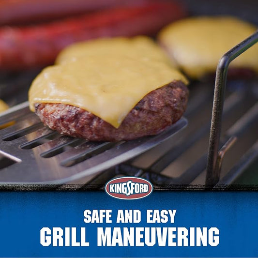 Kingsford Stainless Steel BBQ Grill Spatula, Wide Metal Blade for Confident Flips, Beveled Edge for Easy Slide Under Burgers and Fish, Comfortable Red and Black Grip, Hanging Loop