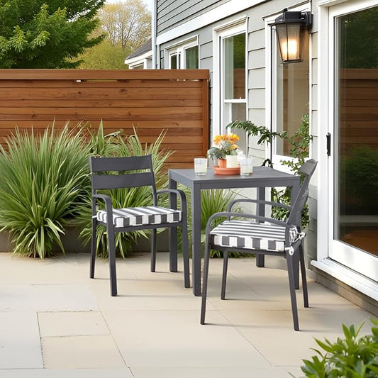 Outdoor 18 inch Square Patio Dining Chair Pads – Comfortable Fiber-Filled Seat Cushions with Ties, Reversible Polyester Fabric - Canopy Stripe Gray, Set of 2