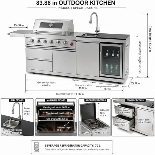84 Inch Outdoor Kitchen Island Grill, 6 Burner 75300 BTU Propane BBQ Grill with Sink & Wheels Beverage Refrigerator, Rotisserie Kit, Griddle, Backyard BBQ SS304 Stainless Steel, Granite Top, Silver