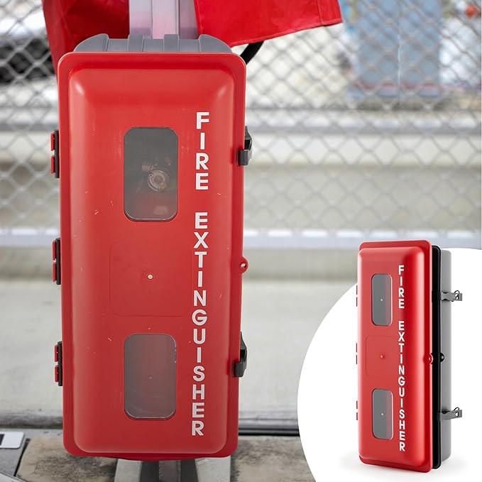 DoubleFill 2 Pcs 10 lb Fire Extinguisher Cabinet Box with Internal Rope Fastening and External Latch Sturdy Plastic Holder Case Vandal-Resistant Weatherproof Protect Indoor Outdoor (26 x 12 x 9 in)