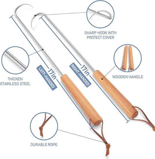 Pigtail Food Flipper 2Pcs, HaSteeL 17Inch Meat Turner Hook, Stainless Steel Pig Tail Flipper Hook With Wooden Handle, Grill Accessories for BBQ Grilling Griddle Kitchen Cooking - Left & Right Handed