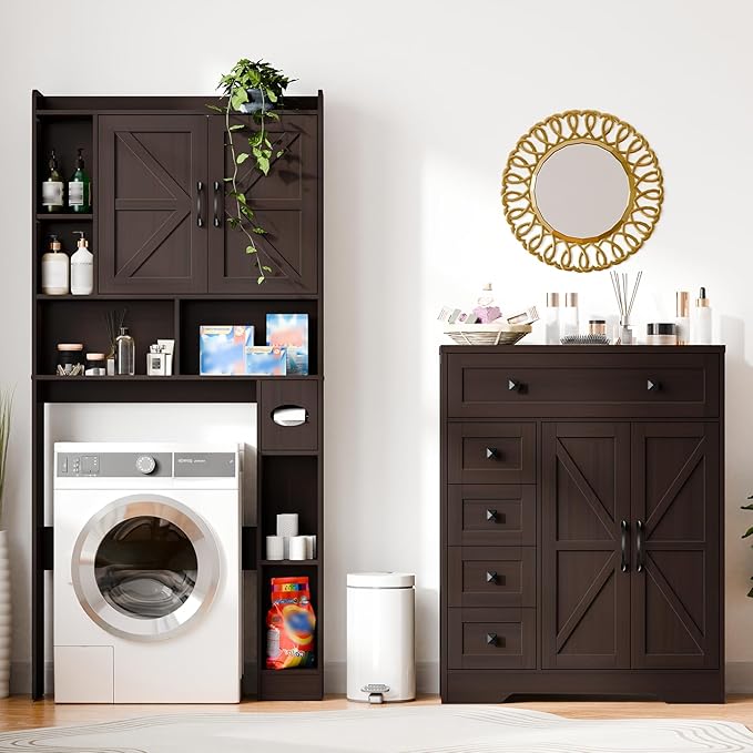 Vabches Farmhouse Storage Cabinet with 2 Doors and 5 Drawers, Freestanding Bathroom Cabinets Kitchen Pantry, Floor Storage Cabinet Hutch Cupboard for Living Room/Bathroom/Kitchen.(Espresso