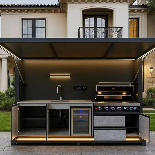 Modern Outdoor Kitchen with Automatic Lift Canopy - Integrated LED System & Smart Storage - Premium Prefab BBQ Island