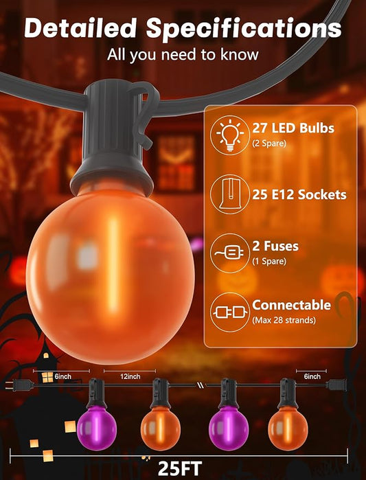 SUNSGNE 25ft Halloween String Lights Outdoor - G40 LED Orange and Purple String Lights with 27 Frosted Globe Bulbs(2 Spare), Vintage Halloween Decorations for Patio Balcony Porch Yard