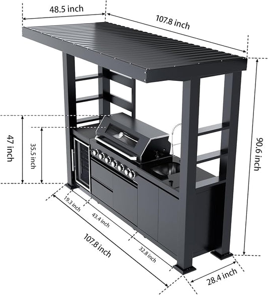 104" Modular Outdoor Kitchen Island With Grill And Side Burner, 4-burner 72,000 Btu Propane Bbq Island, Refrigerator, Separate Sink & Prep Station, LP-Black (with roof) 85000BTU/108 Inch