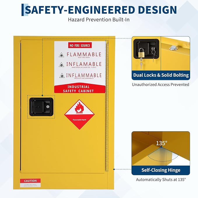 Hazardous Storage Flammable Cabinets, Fire Resistant Safety Cabinet for Flammable Liquids | Cold-Rolled Steel Construction w/Spill Containment Tray, Ventilation Holes & Grounding | Adjustable Shelf