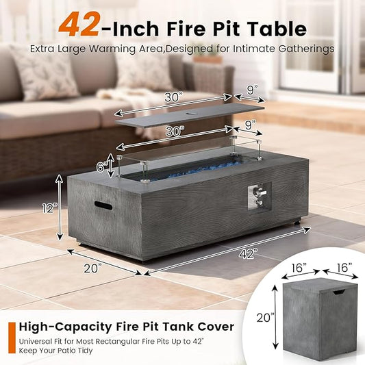 SUNPEAK 42" Rectangular Propane Fire Pit Table 50,000 BTU Fireplace Table with Wind Guard, Lid, Rocks and Cover - Fire Pits & Outdoor Fireplaces - Gas Fire Pits for Outside Patio (Charred Oak, 42")