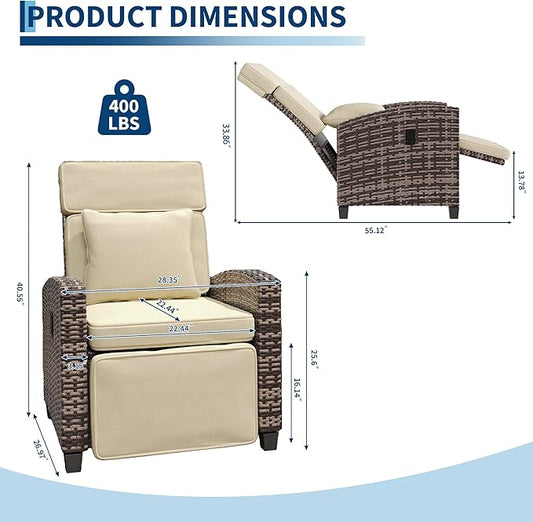 Garvee Outdoor Recliner Chair, 145° Adjustable Backrest & Footrest Lounge Chair with Removable Cushion and Flip-Up Side Table, All-Weather PE Wicker & Steel Frame for Poolside, Deck, Balcony, Khaki