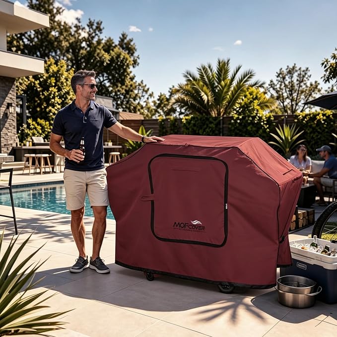 Exclusive Foldable 72 inch Grill Cover, 600D Heavy Duty Large Outdoor BBQ Cover for 6 Burners Grill Weber Nexgrill CharBroil Monument, Red