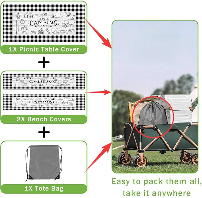 JAWO Black White Buffalo Plaid Picnic Table Cover with Bench Covers, Camper RV Essentials Gear Supplies Outdoor Waterproof Windproof Tablecloth with Elastic, 30X96in